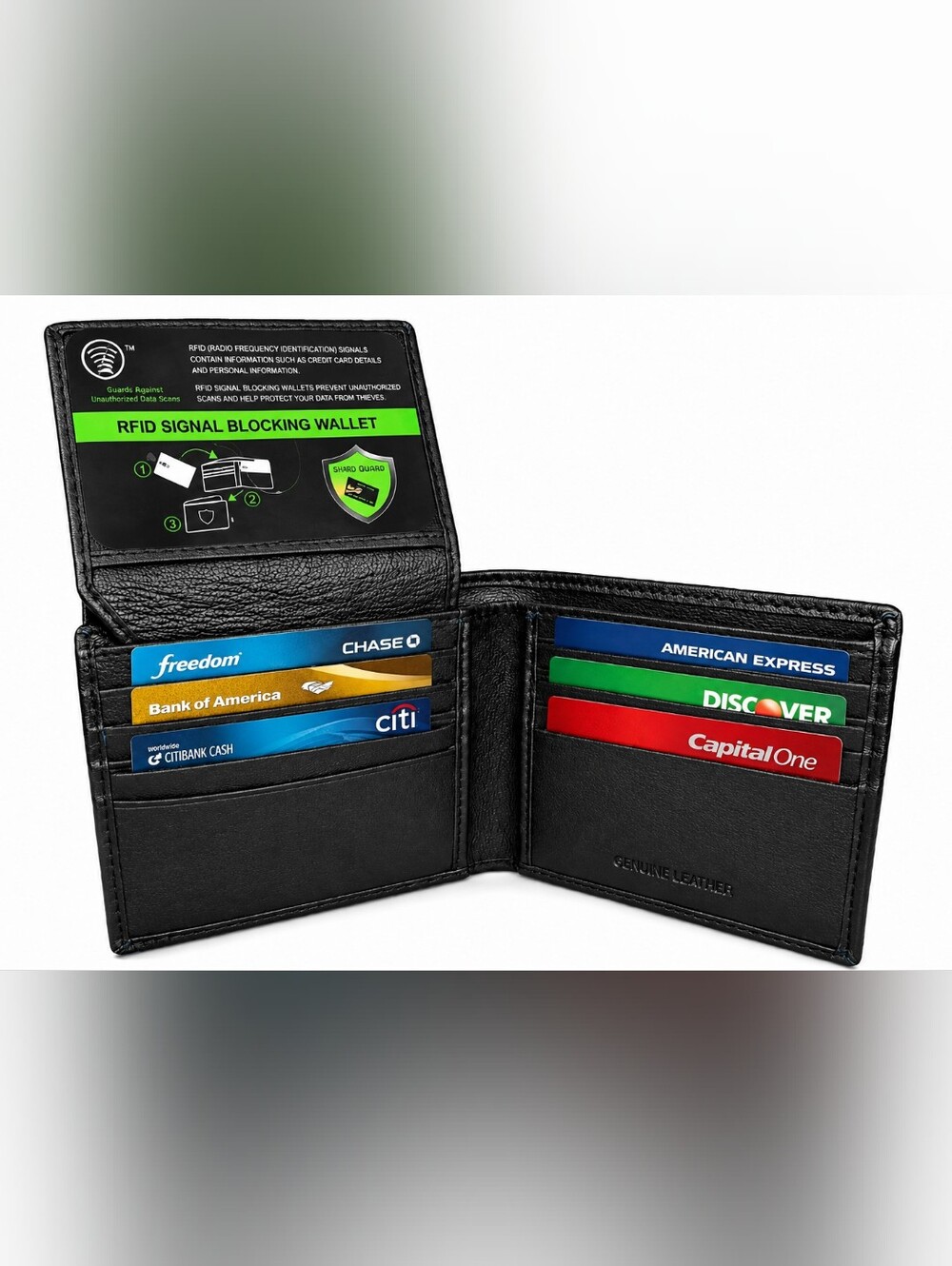 Genuine Leather Classic Mens Bifold Black Wallet RFID Blocking Security